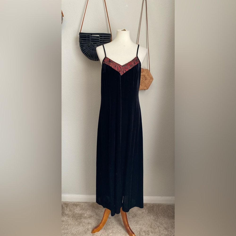 Sophia by Delicates Velour Chemise High Slit Spaghetti Strap Dress, Size Medium